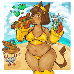 anthro beach beverage beverage_can bikini blush breasts brown_body brown_hair clothed clothing duo female food fur hair hot_dog looking_at_viewer machine male nipple_outline overweight simple_background soda swimwear tail two-piece_swimsuit weight_gain nohunuh gameoverse glitch_productions kaboodle_(gameoverse) kit_bodega domestic_cat felid feline felis mammal robot 1:1 2026 absurd_res digital_media_(artwork) hi_res