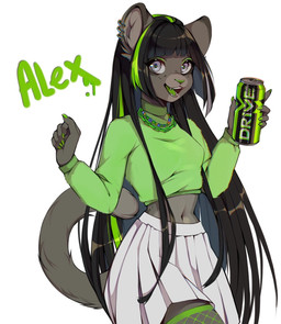 alternative_fashion anthro bangs beverage beverage_can biped black_hair bottomwear clothing colored_nails countershade_face countershade_torso countershading cropped_sweater ear_piercing ear_ring eyelashes eyeshadow female fingernails fishnet_clothing fishnet_legwear green_clothing green_eyeshadow green_fingernails green_highlights green_legwear green_nails green_nose green_sweater green_tongue green_topwear grey_eyes hair highlights_(coloring) holding_beverage holding_object jewelry legwear long_hair long_sleeves makeup midriff nails navel necklace open_mouth piercing pleated_skirt ring_piercing simple_background skirt solo standing streetwear sweater tail teeth text tongue topwear white_background white_bottomwear white_clothing white_skirt iivochka drive_(energy_drink) alex_(iivochka) felid feline mammal 2023 character_name digital_media_(artwork) hi_res portrait shaded three-quarter_portrait