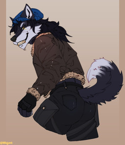 anthro beanie big_butt black_body black_bottomwear black_clothing black_fur black_hair black_nose black_pants blue_clothing blue_hat blue_headwear bottomwear brown_clothing brown_topwear butt clothed clothing dipstick_tail fingerless_gloves fur gloves grey_body grey_clothing grey_fur grin hair handwear hat headgear headwear jacket long_hair looking_at_viewer looking_back looking_back_at_viewer male male_anthro markings multicolored_body multicolored_fur multicolored_tail pants raised_tail shorts simple_background smile solo tail tail_markings teeth topwear white_body white_fur yellow_eyes milajanh canid canine canis mammal wolf absurd_res digital_media_(artwork) hi_res