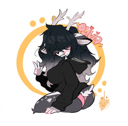 anthro antler_grab antlers black_clothing black_hoodie black_topwear blush blush_lines bottomless butt clothed clothing colored_nails convenient_censorship female fingernails fur gesture grey_body grey_fur hair hair_covering_breasts hand_gesture hoodie hoodie_only horn logo long_hair multicolored_hair nails name_drop panties partially_clothed pink_clothing pink_fingernails pink_nails pink_panties pink_underwear scut_tail short_tail sitting solo tail tongue tongue_out topwear topwear_only underwear v_sign temporarywizard olivia_(mootsncompany) deer mammal artist_logo hi_res