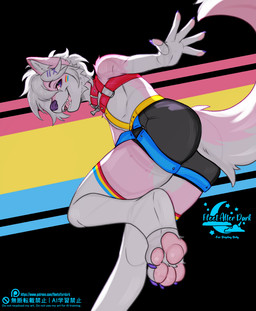 anthro biped butt claws clothed clothed_anthro clothed_male clothing countershade_torso countershading feet fingers fur hair looking_at_viewer male paws rear_view smile solo tail teeth toes tongue fleet-foot canid canine canis domestic_dog mammal 2026 digital_drawing_(artwork) digital_media_(artwork) hi_res