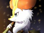 ambiguous_gender anthro fur multicolored_body multicolored_fur side_view smile solo white_body white_fur yellow_body yellow_fur eryz nintendo pokemon braixen generation_6_pokemon pokemon_(species) hi_res