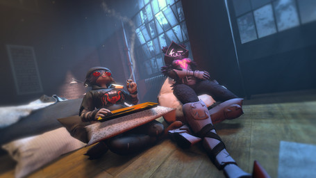 anthro bean_bag drugs duo female female/female joint_in_hand marijuana pillow red_eyes smoking smoking_marijuana substance_intoxication funnymansfm epic_games fortnite meow_skulls raven_team_leader bear felid feline mammal 3d_(artwork) digital_media_(artwork) hi_res source_filmmaker_(artwork)