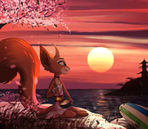 3_toes anthro barefoot brown_body brown_fur building cherry_blossom chopsticks clothed clothing detailed_background feet flower food fully_clothed fur holding_food holding_object japan light open_mouth open_smile outside plant prunus_(flower) sitting smile solo sun surfboard toes vehicle water watercraft relaxablefur qalcove_(character) mammal rodent sciurid tree_squirrel 2020 hi_res lighting signature