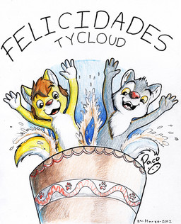 anthro brown_hair brown_nose duo fangs front_view fur glistening glistening_eyes grey_body grey_fur hair head_tuft logo male male_anthro nude open_mouth open_smile red_nose short_hair smile splash teeth tuft white_body white_fur yellow_body yellow_fur young young_anthro young_male pandapaco canid canine mammal 2012 artist_logo dated signature