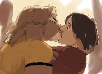 anthro clothed clothing deep_kiss dominant dominant_female duo eyes_closed facial_hair female fur hair human_on_anthro interspecies lips male male/female mustache shirt_grab short_hair simple_background tan_body tan_fur thick_bottom_lip redustheriotact buffy_(sumamiarts) canid canine canis domestic_dog human mammal 2026 absurd_res hi_res sketch