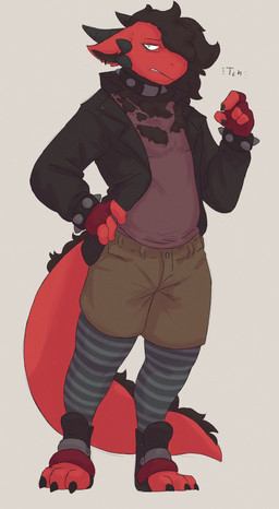 2_horns 3_toes 4_fingers alternative_fashion anthro black_body black_clothing black_fur black_hair black_jacket black_topwear bottomwear cargo_shorts clothed clothing collar ear_piercing emo eyewear feet fingerless_gloves fingers footwear fully_clothed fur glasses gloves green_bottomwear green_clothing green_shorts grey_clothing grey_footwear grey_socks hair hair_over_eye hand_on_hip handwear horn jacket legwear long_tail male one_eye_obstructed pattern_clothing pattern_footwear pattern_legwear pattern_socks piercing rectangular_glasses red_body red_clothing red_gloves red_handwear red_scales red_shirt red_topwear scales shirt shoes shorts snout socks solo spiked_collar spikes standing striped_clothing striped_footwear striped_socks stripes tail toes topwear wearing_glasses yellow_eyes jephhh mythology cyrus_(tiredcyrus) dragon mythological_creature mythological_scalie scalie wingless_dragon full-length_portrait hi_res portrait