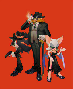 anthro clothing eyeshadow eyewear facial_hair female gloves group gun handgun handwear hat headgear headwear makeup male membrane_(anatomy) membranous_wings necktie ranged_weapon sunglasses weapon white_clothing white_gloves white_handwear wings aoki6311 sega sonic_the_hedgehog_(series) dr._eggman rouge_the_bat shadow_the_hedgehog bat eulipotyphlan hedgehog human mammal 2015