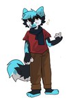 anthro black_body black_fur blue_body blue_fur bottomwear clothing fur male pants scarf shirt smile smirk solo toonzie topwear white_body white_fur canid canine canis mammal wolf hi_res