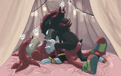 anthro balls bodily_fluids clothing duo erection eyes_closed footwear foreplay foreskin genital_fluids genitals humanoid_genitalia humanoid_penis male male/male on_top penis power_bottom precum shoes teasing kuronatsu sega sonic_the_hedgehog_(series) knuckles_the_echidna shadow_the_hedgehog echidna eulipotyphlan hedgehog mammal monotreme