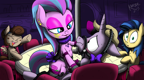 arm_warmers armwear blush choker clothing embarrassed feathered_wings feathers female feral frilly group hair halter jewelry lapdance laugh legwear male multicolored_hair necklace nervous pole star stockings strip_club stripper stripper_pole surprised tail teats wings killryde hasbro my_little_pony mythology fan_character milky_way_(flash_equestria) earth_pony equid equine horse mammal mythological_creature mythological_equine pegasus pony absurd_res hi_res