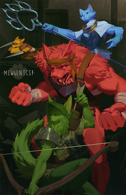 5_fingers abstract_background accessory angry anthro arm_tuft arm_wraps arrow_(weapon) athletic athletic_anthro athletic_female athletic_male bare_hands bear_trap binoculars biped blue_body blue_eyes blue_fur bow_(weapon) claws cleric clothing clover_(plant) facial_scar facial_tuft fangs female female_anthro fingers fluffy fluffy_tail fur gloves gold_(metal) gold_jewelry green_body green_eyes green_fur group handwear headband holding_arrow holding_bow_(weapon) holding_knife holding_object holding_ranged_weapon holding_staff holding_weapon hood inner_ear_fluff jewelry knife looking_forward male mask mature_anthro multiple_poses muscular muscular_anthro muscular_male open_mouth plant pose ranged_weapon ranger red_body red_eyes red_fur scar shoulder_tuft staff tail teeth teeth_showing thief trap_(contrivance) tuft warrior weapon wearing_mask wraps yellow_body yellow_eyes yellow_fur itsiansu mewgenics domestic_cat felid feline felis mammal 2026 colored detailed digital_drawing_(artwork) digital_media_(artwork) hi_res portrait shaded three-quarter_portrait
