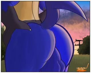 anthro backsack balls big_butt blue_body blue_fur border butt cloud evening fur genitals grass hands_on_hips male nature plant pose power_lines shrub solo tail tree white_border lewdnote_studio nintendo pokemon generation_4_pokemon lucario pokemon_(species) absurd_res digital_media_(artwork) digital_painting_(artwork) hi_res painting_(artwork) shaded