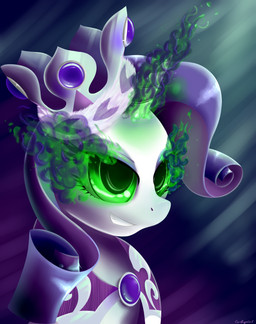 clothing corruption crown female feral fur glowing glowing_eyes hat headgear headwear horn purple_body purple_fur solo white_body white_fur carligercarl friendship_is_magic hasbro my_little_pony mythology rarity_(mlp) equid equine mammal mythological_creature mythological_equine unicorn 2013 absurd_res bust_portrait hi_res portrait