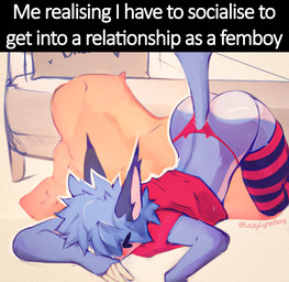 anthro bed blue_body blue_fur bottomwear caption caption_box clothed clothing femboy fur furniture hair legwear male on_ground panties partially_clothed shirt solo stockings tail text text_box thigh_highs topwear underwear lazylynxboy lazylynxboy_(character) felid feline lynx mammal digital_media_(artwork) english_text