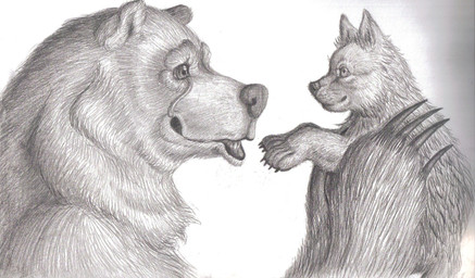 ambiguous_gender duo feral holding_baby quadruped simple_background white_background young x-ebee-x wolves_of_the_beyond faolan_macduncan thunderheart_(wotb) bear brown_bear canid canine canis grizzly_bear mammal ursine wolf 2010 graphite_(artwork) monochrome traditional_media_(artwork) adopted_(lore) adopted_son_(lore) adoptive_mother_(lore)