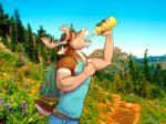 2019 4:3 5_fingers anthro antlers backpack belt blitzthedurr bottle bottomwear chewycuticle clothed clothing container deer digital_media_(artwork) drinking eyewear fingers fully_clothed glasses hat headgear headwear horn male mammal open_mouth pants shaded shirt solo tank_top topwear underwear water water_bottle