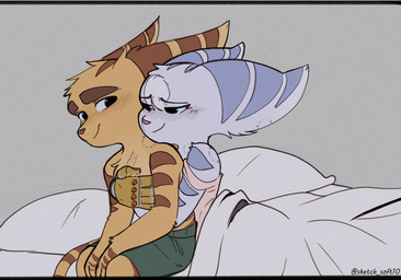 anthro bed bite_mark bottomwear clothed clothing cuddling cybernetic_arm cybernetic_limb duo eyebrows female fur furniture hand_on_chest male male/female on_bed pillow shorts sitting sitting_on_bed smile striped_body striped_fur stripes topless topless_male white_body white_fur yellow_body yellow_fur time_fluffy500 ratchet_and_clank sony_corporation sony_interactive_entertainment ratchet_(ratchet_and_clank) rivet_(ratchet_and_clank) lombax mammal 2025
