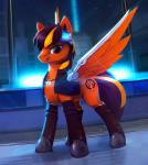 blonde_hair clothed clothing cutie_mark detailed_background eyewear feathered_wings feathers feral fur goggles hair hooves inside jewelry male mechanical_wings necklace night orange_body orange_eyes orange_feathers orange_fur purple_hair smile solo standing wings rodrigues404 hasbro my_little_pony mythology fan_character equid equine mammal mythological_creature mythological_equine pegasus animated short_playtime