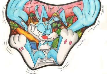 annoyed anthro blue_body blue_fur bread food food_in_stomach fully_inside fur inside_stomach internal male motion_lines soft_vore solo toony vore unknown_artist tiny_toon_adventures warner_brothers buster_bunny lagomorph leporid mammal rabbit 1992 hi_res