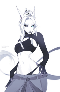 anthro breasts clothed clothing fangs female female_anthro front_view glistening glistening_eyes hair hand_on_hip looking_at_viewer mouth_closed narrowed_eyes pupils simple_background slit_pupils solo standing tail tail_tuft teeth text tuft white_background white_body white_hair unknowhiter renu 2024 absurd_res artist_name dated hi_res portrait three-quarter_portrait