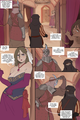 5_fingers armor blue_body blue_skin breasts clothing dark_body dark_skin dialogue dialogue_box face_covered female fingers frown gauntlets gloves group hair handwear headgear helmet horn light_body light_skin male motion_lines speech_bubble text arbuzbudesh ko'osh_(arbuzbudesh) human humanoid mammal ogre 2026 2:3 absurd_res colored comic english_text hi_res url