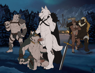 abs anthro antlers armor athletic ball_fondling balls bandage belt biceps big_muscles black_body black_fur black_nose black_penis body_hair bottomwear brown_body brown_fur bulge cape chest_tuft claws clothed clothing collar crossed_arms detailed_background ear_piercing erection facial_hair fangs fellatio flaccid fondling foreskin fur genitals goatee grey_body grey_fur group hand_on_head happy_trail holding_object holding_weapon horn humanoid_genitalia humanoid_penis kneeling loincloth looking_at_viewer male male/male male_penetrated male_penetrating male_penetrating_male muscular nipples nude oral outside partially_retracted_foreskin pecs penetration penile penis piercing pubes retracted_foreskin sex skimpy sky snow standing teeth toe_claws topless tuft unconvincing_armor vein weapon white_body white_fur badcoyote bear canid canine canis deer gulonine mammal mustelid musteline polar_bear ursine wolf wolverine