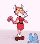 anthro boots clothed clothing collar dress eyebrows female footwear fur gesture hand_gesture pink_body pink_fur raised_eyebrows raised_tail red_clothing red_dress red_eyes shoes simple_background smile solo standing tail white_background yellow_sclera fanamationu super_planet_dolan shima_prime domestic_cat felid feline felis mammal digital_drawing_(artwork) digital_media_(artwork) full-length_portrait hi_res portrait