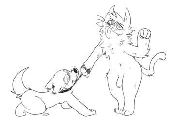 all_fours anthro blush bodily_fluids collar cum dominant dominant_male duo ear_piercing erection foreskin genital_fluids genitals humanoid_genitalia humanoid_penis leash leash_pull leashed_collar male male/male nipples nude on_ground penis piercing precum submissive submissive_male tail tongue tongue_out canguuro canid canine canis domestic_cat domestic_dog felid feline felis mammal hi_res monochrome
