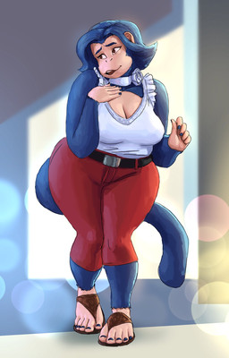5_fingers 5_toes anthro belt blue_body blue_fur blue_hair blue_nails bottomwear breasts choker cleavage clothed clothing colored_nails feet female fingers footwear fully_clothed fur hair jewelry nails natural_breasts necklace open_mouth pants red_bottomwear red_clothing red_eyes red_pants sandals shirt shoes short_hair solo standing t-shirt tail thick_tail thick_thighs toes topwear white_clothing white_shirt white_topwear wide_hips redustheriotact colette_(hm-studios) haplorhine mammal monkey primate 2022 hi_res