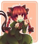 5_fingers :3 accessory acting_like_a_cat alternative_fashion body_in_mouth bow_(feature) bow_accessory bow_ribbon braided_hair cat_tail clothing daww dress female fingers fish_in_mouth green_clothing green_dress hair hair_accessory hair_bow hair_ribbon heart_symbol heart_with_emanata j-fashion juliet_sleeves lolita_(fashion) long_hair mouth_hold multi_tail paw_pose pigtails pose red_eyes red_hair ribbons simple_background solo string_bow tail twin_bows twin_braids twin_hair_bows kirero touhou rin_kaenbyou animal_humanoid cat_humanoid felid felid_humanoid feline feline_humanoid fish humanoid mammal mammal_humanoid marine digital_media_(artwork) digital_painting_(artwork) red_theme warm_colors