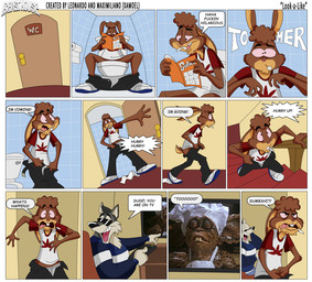 anthro bosch_tozzier_(xamoel) dialogue drugs duo eyewear joint male pooping putting_pants_on sitting sitting_on_toilet speech_bubble stoned substance_intoxication sunglasses text toilet toilet_paper xamoel beast_house gremlins tommer_(xamoel) canid canine canis gremlin_(gremlins) hare lagomorph leporid mammal wolf comic english_text