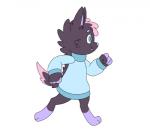 anthro blue_eyes clothing dyed_fur fluffy hair running smile solo sweater topwear chocolatechippi aardwolf hyena mammal charlie_(disambiguation) 2d_animation animated low_res