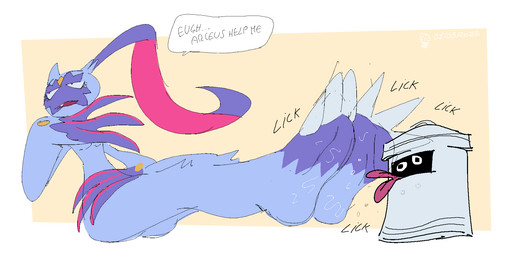 ambiguous_gender anthro bodily_fluids claws duo feet female foot_fetish foot_focus foot_lick foot_play forehead_gem gem licking long_claws purple_claws saliva text tongue tongue_out trash_can oddjuice nintendo pokemon pokemon_legends_arceus ride_sneasler_(pokemon_legends_arceus) generation_8_pokemon mammal pokemon_(species) sneasler english_text hi_res sketch