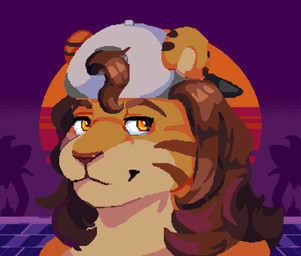 anthro backwards_cap backwards_hat brown_hair cheek_marks clothing curly_hair fur hair hair_through_hat hat headgear headwear long_hair looking_at_viewer male markings smile solo striped_markings stripes topwear foxlybr gabe_(mytigertail) felid mammal pantherine tiger digital_media_(artwork) headshot_portrait pixel_(artwork) portrait