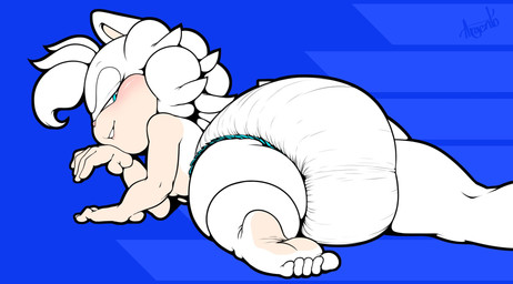 anthro barefoot blue_background clothed clothing diaper feet female fur hair looking_back lying on_front simple_background solo wearing_diaper white_body white_diaper white_fur white_hair sophiepoof sega sonic_the_hedgehog_(series) fan_character sophie_(argento) eulipotyphlan hedgehog mammal colored hi_res
