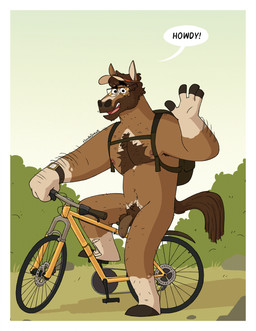 anthro areola arm_hair backpack balls beard bicycle body_hair brown_body brown_fur brown_hair chest_hair clock cyclist day eyebrows eyewear facial_hair fingers flaccid foreskin fur genitals gesture glasses grass greeting greeting_viewer hair hooved_fingers hooves looking_at_viewer male male_anthro navel nipples nude_anthro nude_male open_mouth open_smile outside penis plant pubes raised_eyebrow shrub sitting sky smile solo talking_to_viewer vehicle visor watch waving waving_at_viewer wristwatch nardodraws animal_humanoid equid equid_humanoid equine equine_humanoid horse horse_humanoid humanoid mammal mammal_humanoid 2026 hi_res