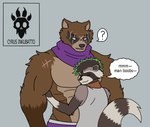 anthro big_muscles black_hair clothing duo ear_piercing ear_ring embarrassed eyes_closed green_hair grey_background hair hug male male/male muscular piercing ring_piercing scar scarf simple_background text white_eyes cyrus-inkubatto epic_games fortnite hajime_(fortnite) rufus_(fortnite) canid canine mammal procyonid raccoon raccoon_dog tanuki english_text hi_res signature