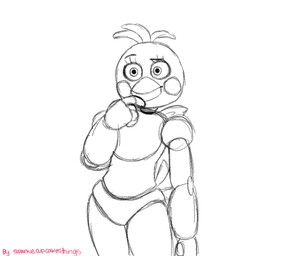 anthro beak bib confusion eyelashes feathers female happy heart_symbol looking_aside machine makeup narrowed_eyes offscreen_character simple_background smile solo speech_bubble surprised tail tail_feathers teeth snazzamazing five_nights_at_freddy's five_nights_at_freddy's_2 scottgames toy_chica_(fnaf) animatronic avian bird chicken galliform phasianid robot 2d_animation animated black_and_white monochrome signature