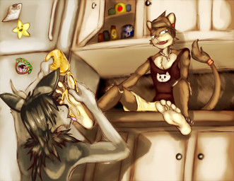 anthro antlers appliance bottomwear brown_body brown_fur cabinet clothed clothing countertop ear_piercing ear_ring fangs feet foot_fetish foot_lick foot_play fridge full_pad fur green_eyes grey_body grey_fur horn humanoid_feet jewelry kitchen kitchen_appliance licking male male/male neck_tuft necklace paws piercing plantigrade raised_paw ring_piercing sabertooth_(anatomy) shirt shorts teeth tongue tongue_out topless topwear tuft lazertooth butterscotch ra'deer shui cervine deer felid feline lion mammal pantherine 2015
