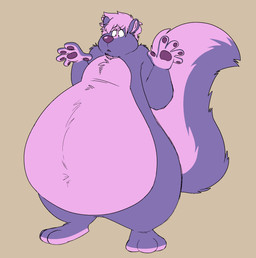 after_transformation anthro belly big_belly big_tail bottom_heavy chubby_cheeks confusion fluffy fluffy_tail fur implied_transformation looking_at_self looking_down looking_down_at_self male markings navel nude obese obese_anthro obese_male open_mouth overweight overweight_anthro overweight_male purple_body purple_fur solo standing striped_markings striped_tail stripes surprised tail tail_markings toony texansoda mammal mephitid skunk hi_res