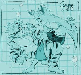 anthro bottomwear clothing duo ear_piercing facial_piercing lip_piercing male piercing swimming swimming_pool swimwear swimwear_only underwater water salivahero dawn_chorus arvo_(dawn_chorus) jorgen_(dawn_chorus) bat felid mammal pantherine tiger absurd_res hi_res signature