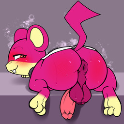anus balls big_balls big_butt big_penis blush bodily_fluids body_blush butt butt_blush clothing genitals looking_at_viewer looking_back male penis presenting presenting_anus presenting_balls presenting_hindquarters presenting_penis solo speedy_rattata sweat softestpuffss nintendo pokemon fan_character generation_1_pokemon pokemon_(species) rattata 1:1 hi_res source_request unavailable_at_source