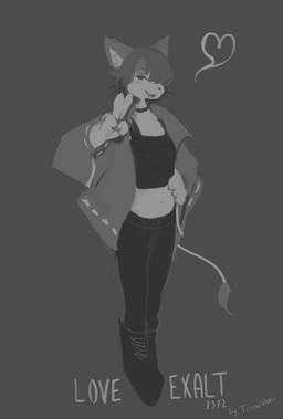 5_fingers anthro bangs belly black_bottomwear black_choker black_clothing black_jewelry black_lips black_necklace black_nose black_shirt black_tank_top black_topwear bodily_fluids boots bottomwear choker clothing fangs female fingers footwear fur gesture grey_body grey_fur grey_hair hair hand_gesture hand_on_hip happy heart_symbol jacket jewelry kemono lips looking_at_viewer multicolored_body multicolored_fur navel necklace one_eye_obstructed open_mouth open_smile sabertooth_(anatomy) sharp_teeth shirt shoes short_hair smile solo standing sweat tail tail_tuft tank_top teeth text topwear tuft two_tone_body two_tone_fur v_sign white_inner_ear hasukii love_exalt_8372 team_veki guardian_(love_exalt_8372) felid mammal prehistoric_species saber-toothed_tiger english_text greyscale hi_res monochrome