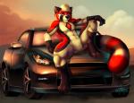 abs anthro biceps blue_eyes car chest_tuft crotch_tuft fur hair male muscular muscular_anthro muscular_male nude on_hood pecs smile solo sunset tuft vehicle chibi-marrow nissan nissan_gtr ailurid mammal red_panda 2015