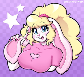 anthro big_breasts big_hair blonde_hair blue_eyes breasts buckteeth checkered checkered_background cleavage_cutout clothed clothed_anthro clothed_female clothing countershade_breasts countershading cutout eyebrows facial_markings female female_anthro hair happy head_markings heart_(marking) long_hair looking_at_viewer markings pattern_background pink_body pink_clothing pink_topwear ponytail raised_eyebrows simple_background smile smiling_at_viewer solo teeth text topwear white_body shyshyoctavia cupcake_(shyshyoctavia) lagomorph leporid mammal rabbit 2025 artist_name bust_portrait digital_drawing_(artwork) digital_media_(artwork) hi_res portrait