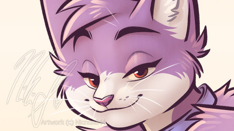 anthro cheek_tuft collar collar_only facial_tuft female fur inner_ear_fluff looking_at_viewer multicolored_body multicolored_fur nude purple_nose red_eyes simple_background smile solo tuft two_tone_body two_tone_fur whiskers white_background nicnak044 housepets! grape_jelly_(housepets!) domestic_cat felid feline felis mammal 16:9 2022 cropped headshot_portrait portrait preview widescreen