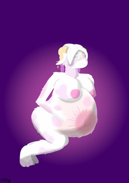 anthro belly belly_markings big_belly big_breasts breasts ear_piercing ear_ring eyes_closed eyewear female fluffy glasses happy horn huge_breasts inflation markings piercing ring_piercing simple_background solo stretch_marks isheep0122 xalia_(isheep0122) bovid caprine mammal sheep hi_res