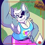 1:1 anthro canid canine canis clothed clothing digital_media_(artwork) fizzyjay fur grey_body grey_fur hi_res male mammal muscular nintendo shirt simple_background smile solo star_fox tank_top topwear wolf wolf_o'donnell