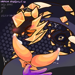 anus black_body blush bodily_fluids cum cum_on_penis duo eyes_closed female feral forked_tongue genital_fluids genitals male male/female penis purple_body sex simple_background slime spread_anus spreading tongue tongue_out venom_melon elomites_(venom_melon) miledas_(venom_melon) goo_creature reptile scalie snake 1:1 digital_media_(artwork) hi_res